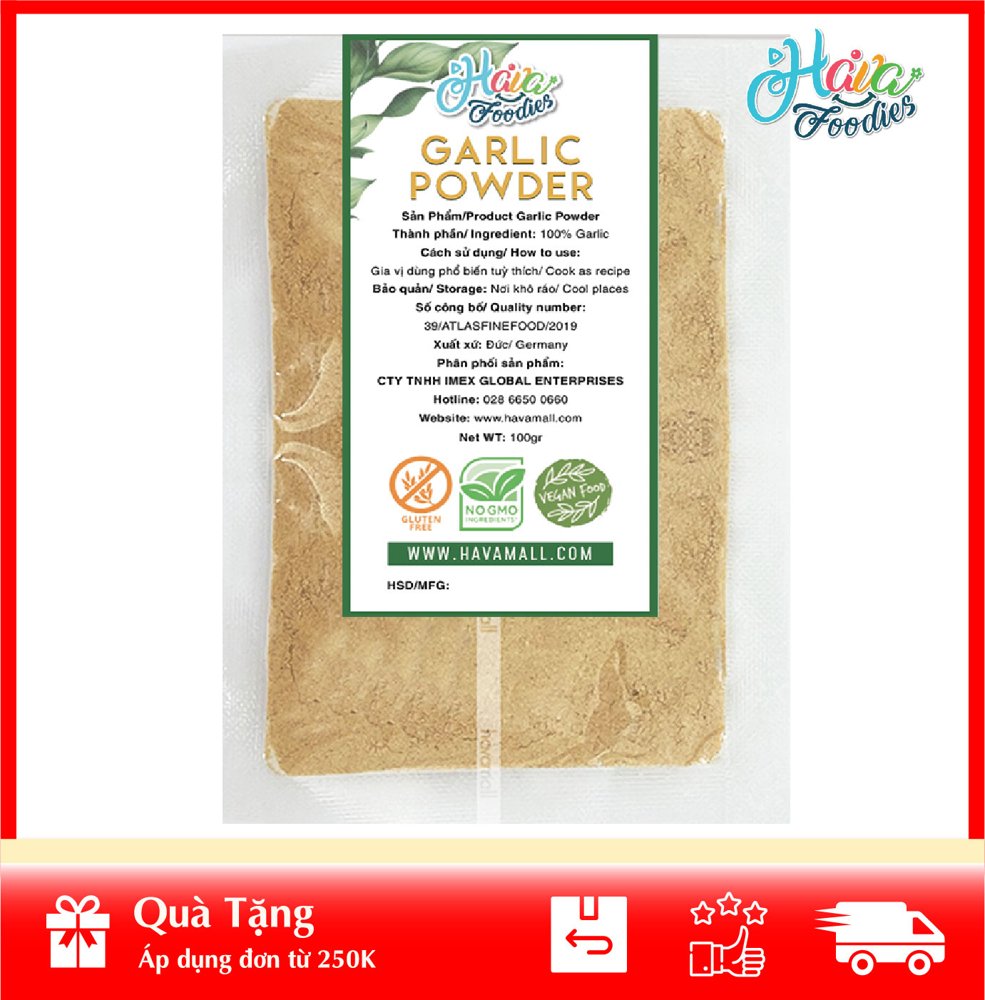 [HOÀN TIỀN MAX 10%][ HÀNG CÔNG TY NHẬP KHẨU ] Bột Tỏi Thương Hiệu Hava Foodies Gói 100g – Garlic Powder