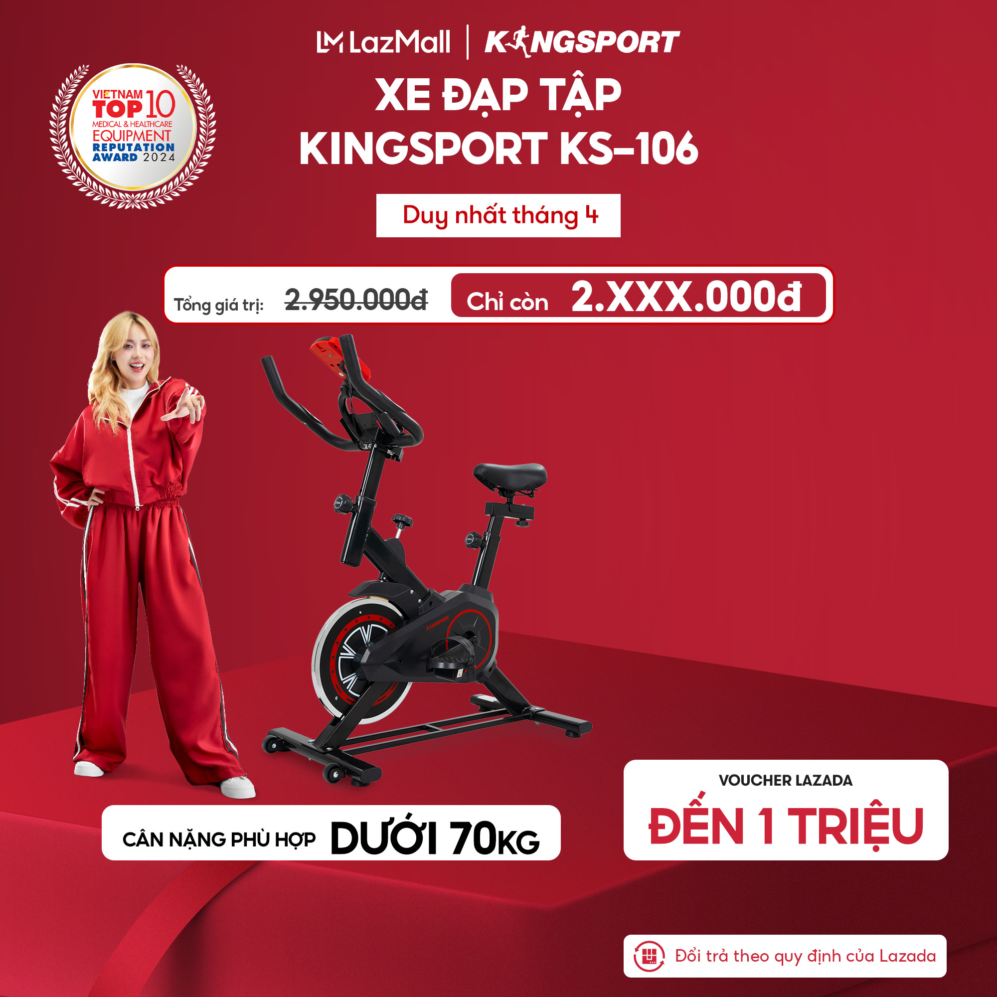 [Miễn phí lắp đặt] Xe đạp tập KINGSPORT KS-106 khung ,  khung sườn chắc chắn, tích hợp đồng hồ đo lường chỉ số, cân nặng phù hợp từ dưới 70kg