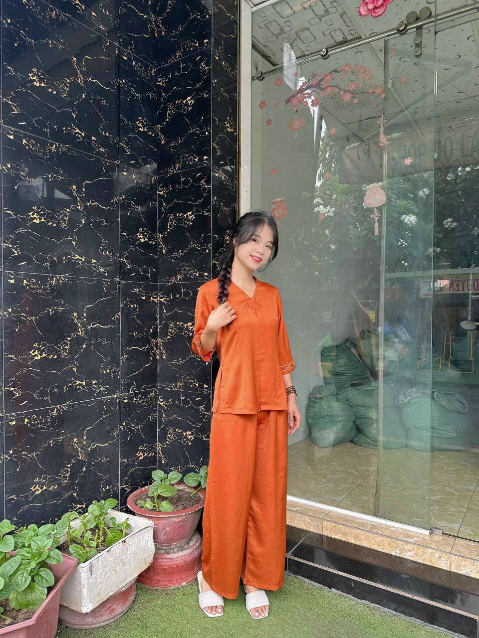 Đồ lam đi chùa # bộ lua cổ tim trơn # quần áo nữ