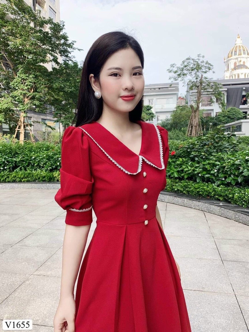 ĐẦM NỮ XÒE CỔ VIỀN TAY PHỒNG ĐÍNH NGỌC THỜI TRANG THIẾT KẾ LANCHI CS70