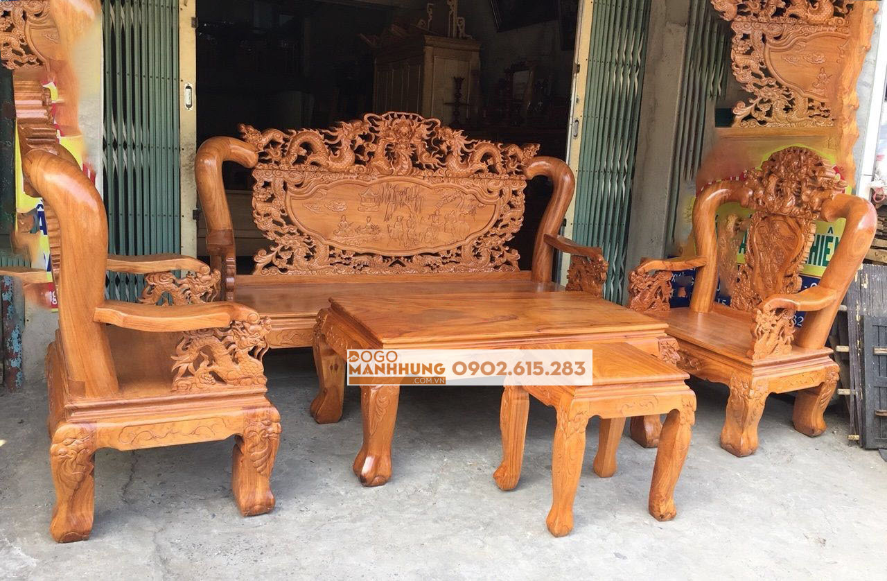 [HCM]Bộ bàn ghế phòng khách salon gỗ gõ đỏ trạm rồng tay 10