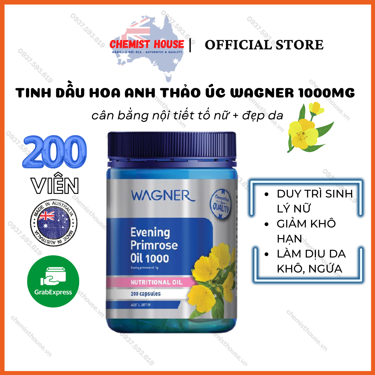 [Hàng Chuẩn ÚC] Wagner Evening Primrose Oil 1000 - Viên uống tinh dầu hoa anh thảo 200 viên Hàm Lượng 1,000mg Hạn Sử Dụng Xa