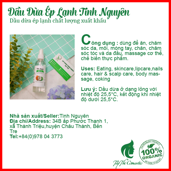[HCM]Dầu Dừa Ép Lạnh Tinh Nguyên Chai 100ml