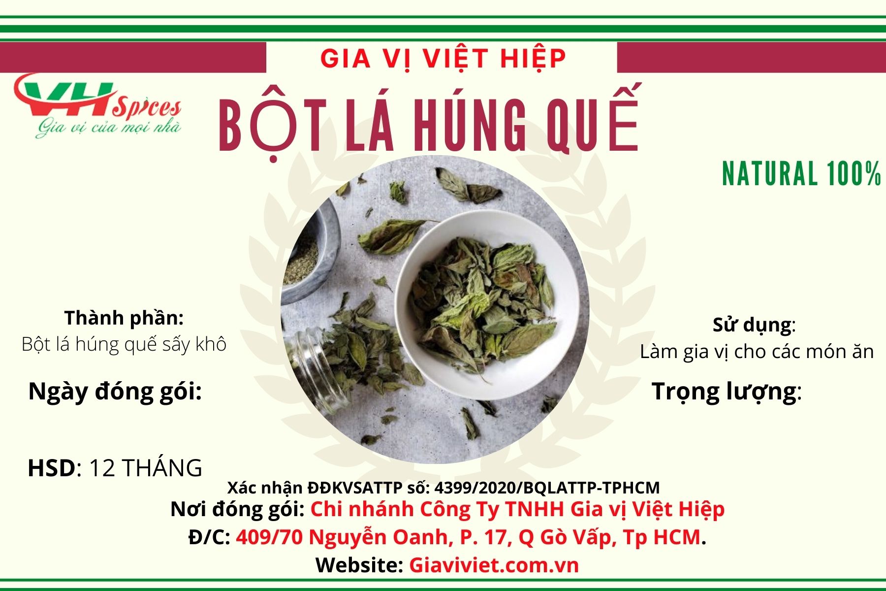 Bột Lá Húng Quế TA(Thai Basil Powder) Việt Hiệp