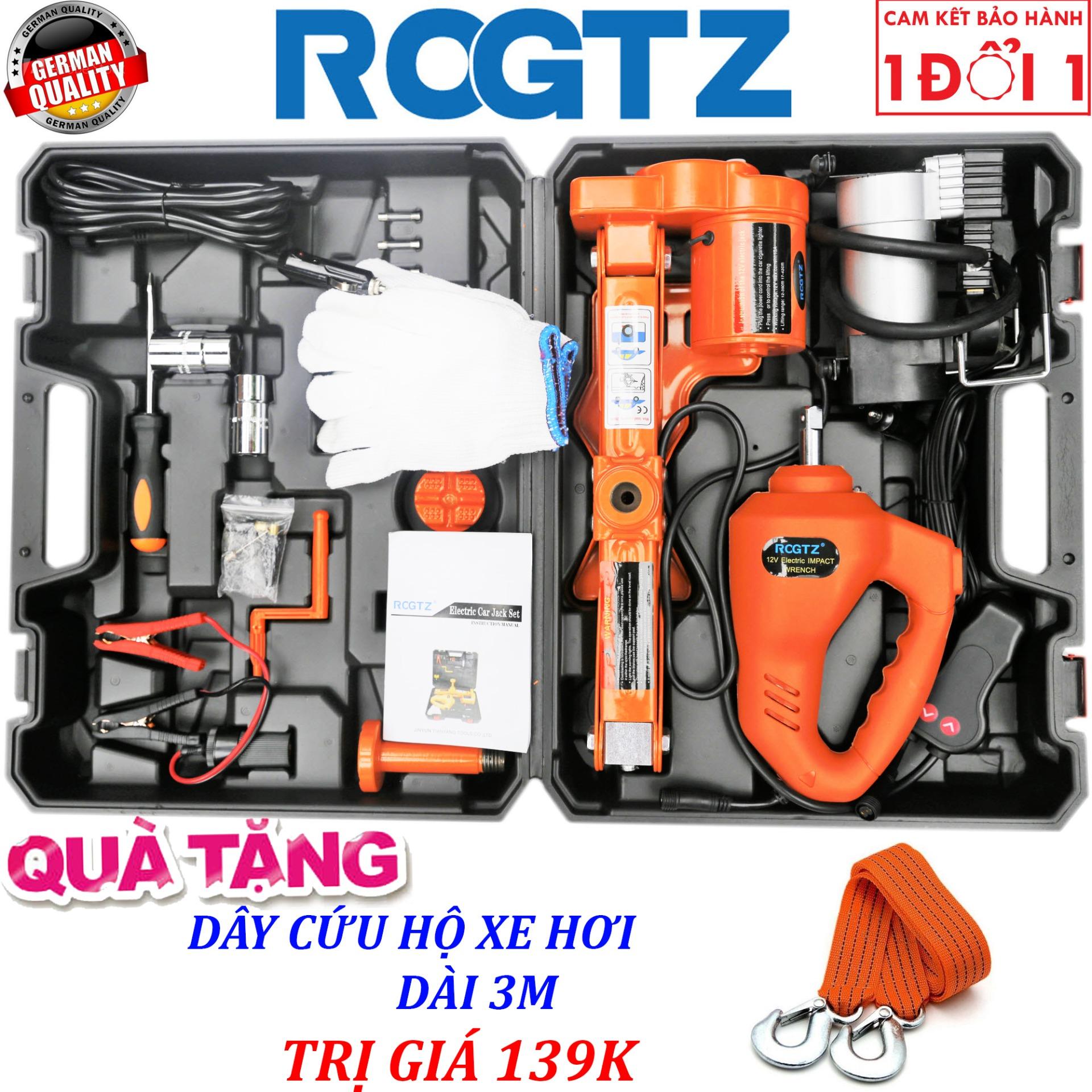(ROGTZ - Thương hiệu đến từ Đức) Bộ kích gầm xe và mở lốp 3 trong 1 chạy điện 12v (cắm tẩu) - Con Đội Kích Lốp Nâng Gầm Xe Bằng Điện 12 Vol - Loại có kèm bơm + Tặng kèm dây cứu hộ xe hơi dài 3m