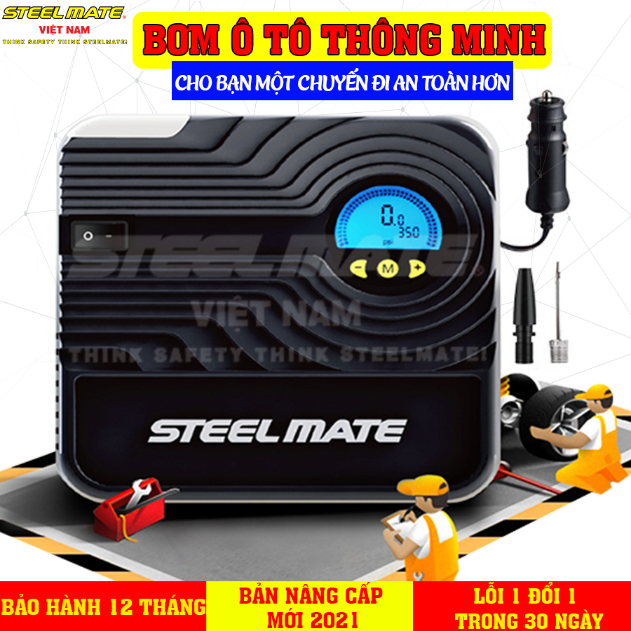 Bơm hơi ô tô điện tử 12V thông minh tự ngắt cao cấp STEELMATE - Đồng hồ điện tử hiển thị thông số - Tự động ngắt - Thiết lập trước áp suất - Tích hợp đèn LED khẩn cấp