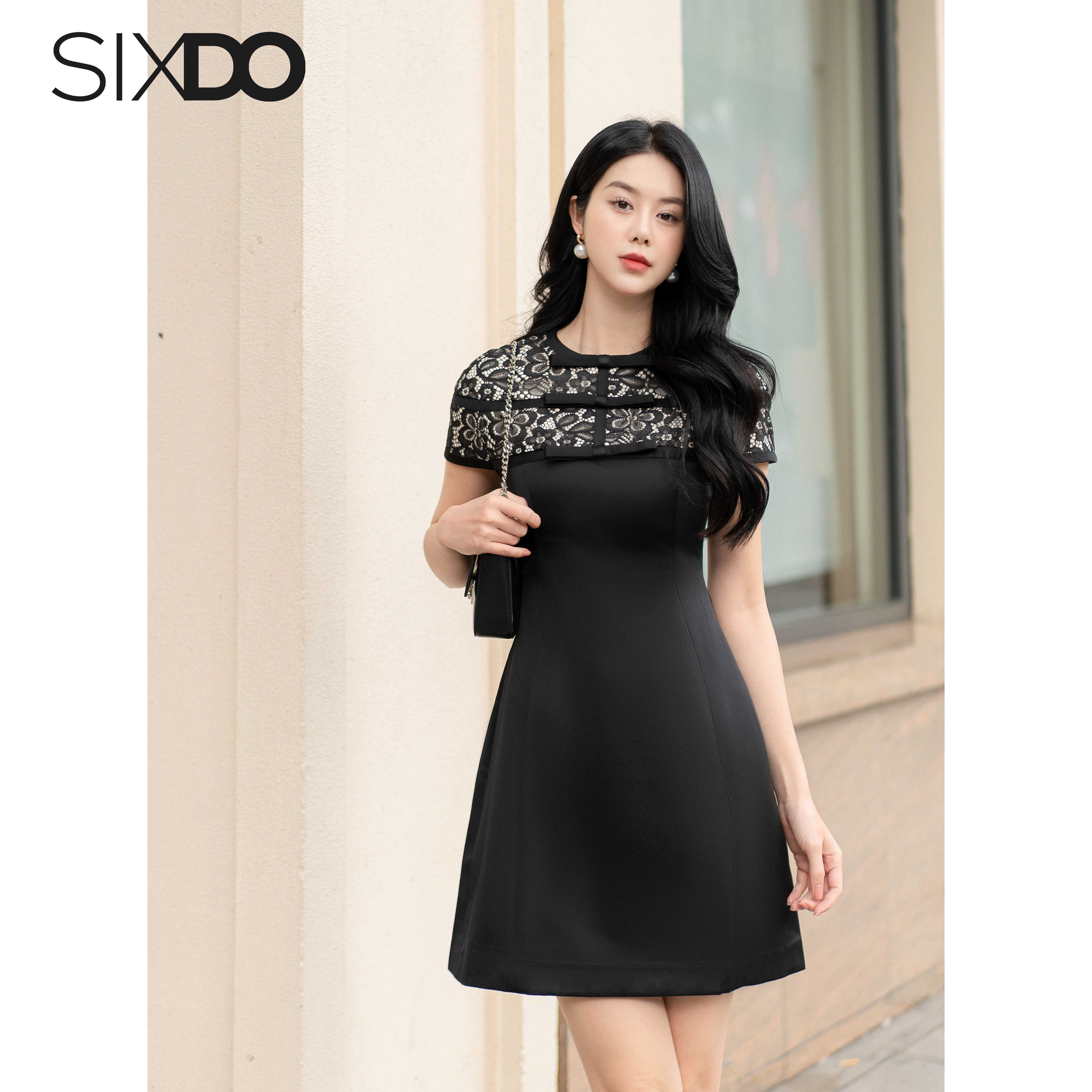 Đầm taffeta ngắn tay phối ren SIXDO