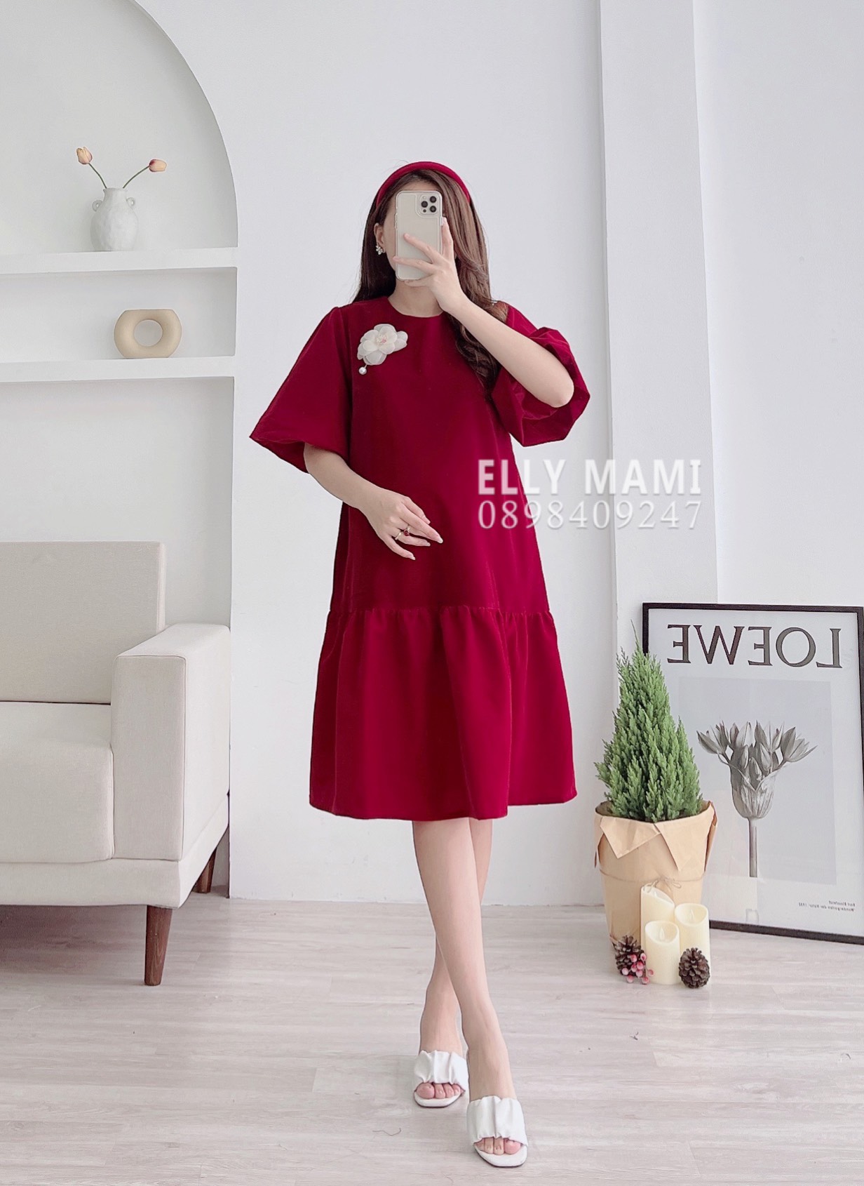 Đầm bầu , suông nhung tay phồng mặc thoải mái suốt thai kì & sau sinh