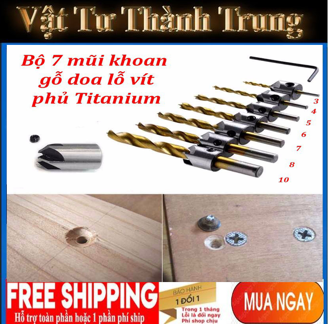 Bộ 7 mũi khoan gỗ doa lỗ vít phủ titanium