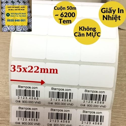 Giấy in tem mã vạch 3 tem 35x22mm (dài 50m) 6000 tem