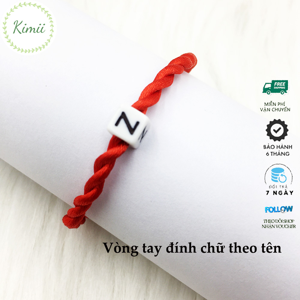 Vòng tay dây đỏ may mắn đính chữ cái theo tên V135 Vòng tay KIMII, Vòng tay phong thủy, vòng tay handmade