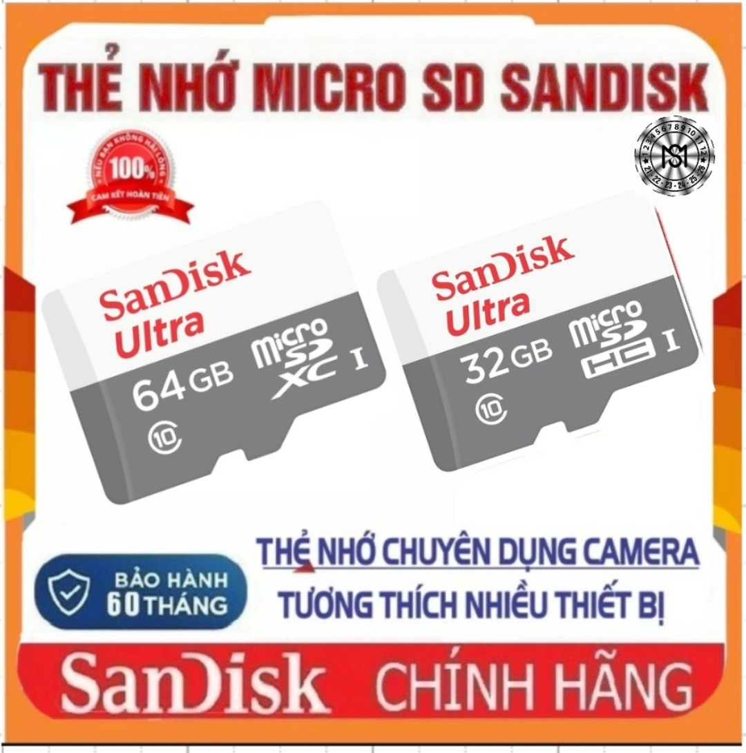 Thẻ nhớ 64GB 32GB Sandisk Ultra Class 10, Fullbox, Bảo hành 24 Tháng