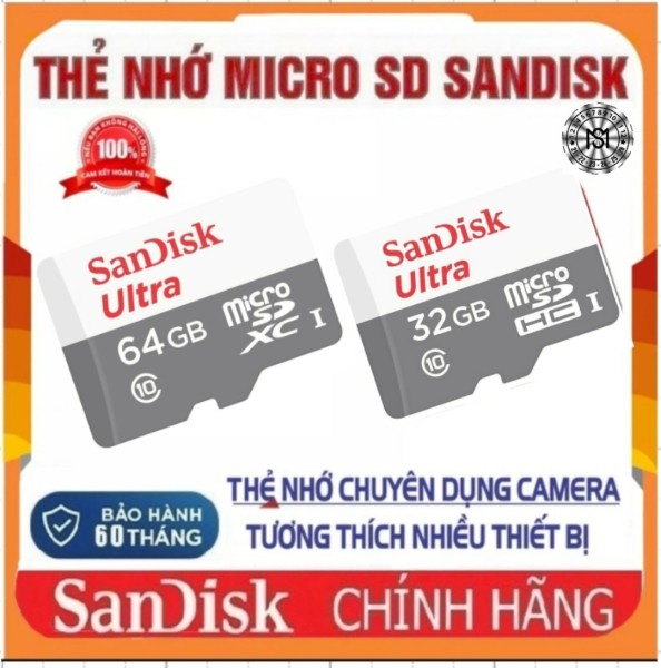 Thẻ nhớ Sandisk 64GB/32GB Ultra Class 10 chuyên dụng lắp Camera, Điện thoại, Camera hành trình 4K