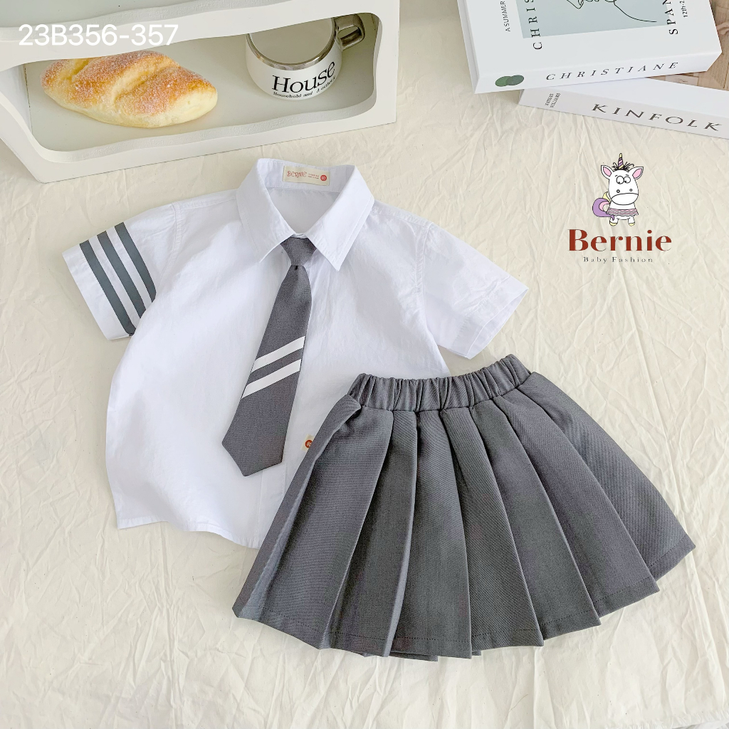 Set sơ mi học sinh kèm cavat, bộ sơ mi bé trai, set sơ mi chân váy bé gái đi học Bernie