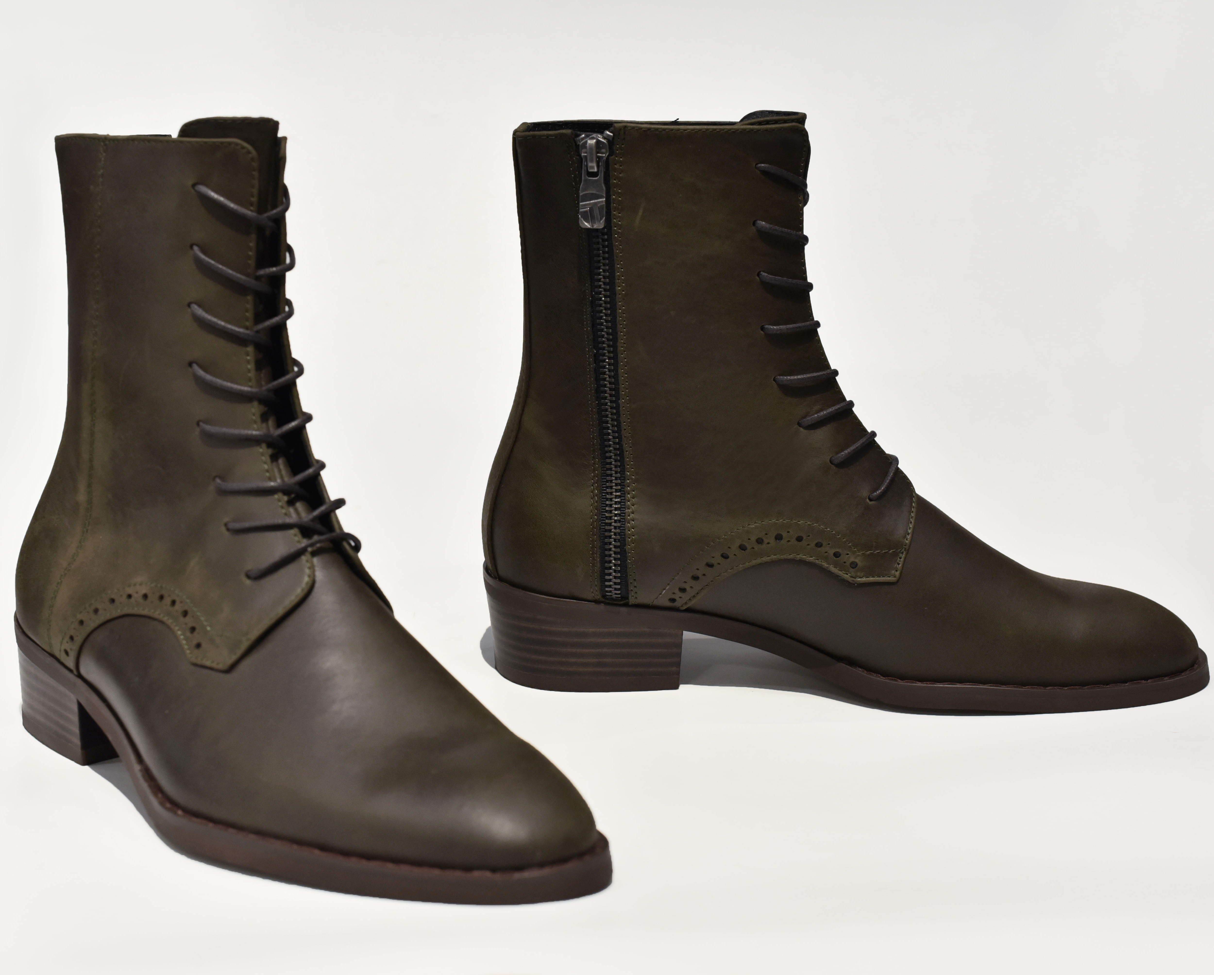 [TATHANIUM Footwear] Giày zip boot cột dây màu xanh rêu da bò pullup