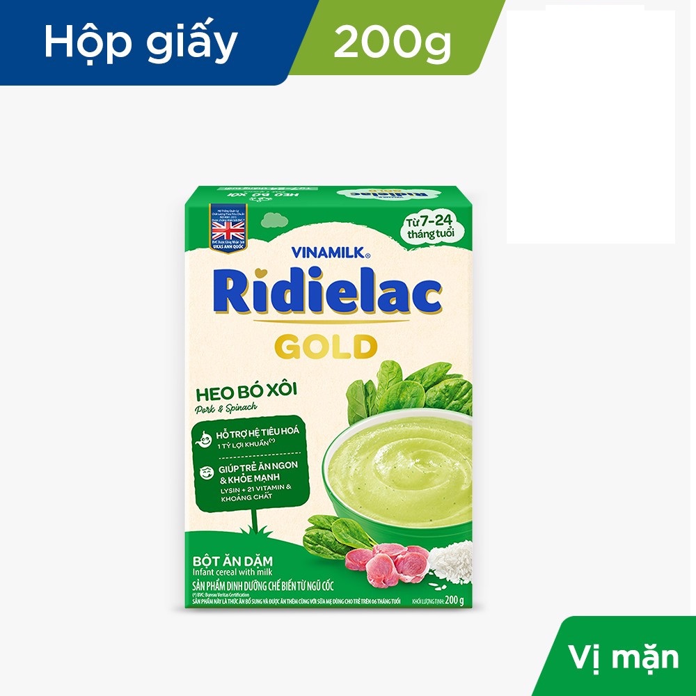 Bột ăn dặm RIDIELAC GOLD đủ loại hộp giấy 200g - Heo Bó Xôi - 200g