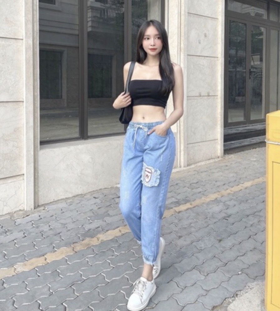 Quần jeans baggy nữ cạp cao lưng thun thời trang