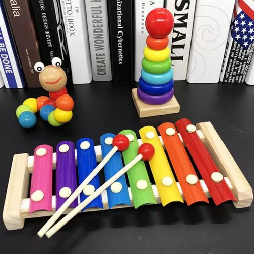 Combo 4.1 - 4 món đồ chơi gỗ tiết kiệm cho bé gồm sâu gỗ + đàn + tháp cầu vồng + luồn hạt + tangram + đồng hồ + xếp gạch