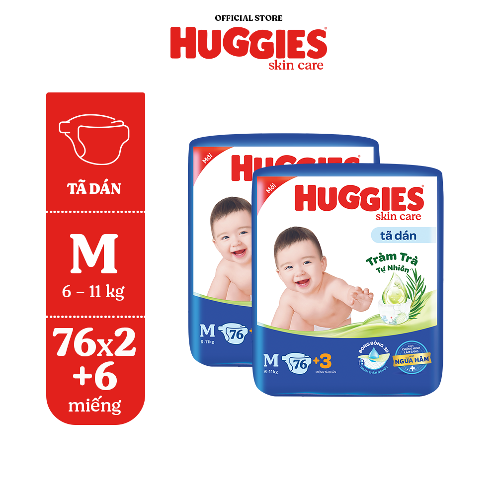 Combo 2 Tã/bỉm dánHuggies Skincare Super Jumbo M76+3/L68/XL60/XXL54