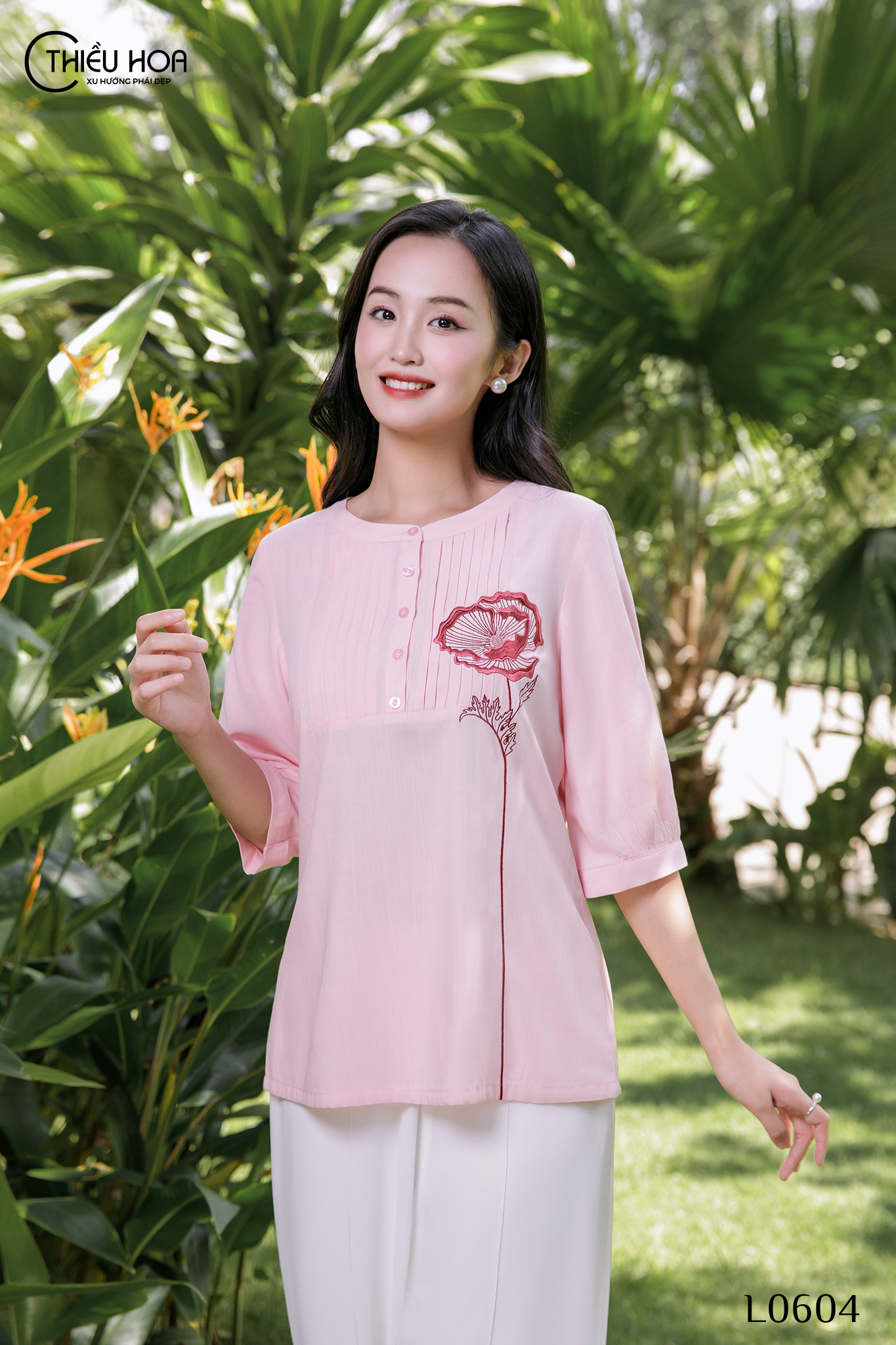 Áo kiểu nữ trung niên chất liệu lụa linen xô Hàn, thiết kế tinh tế, sang trọng, che khuyết điểm tốt thương hiệu Thiều Hoa L0604