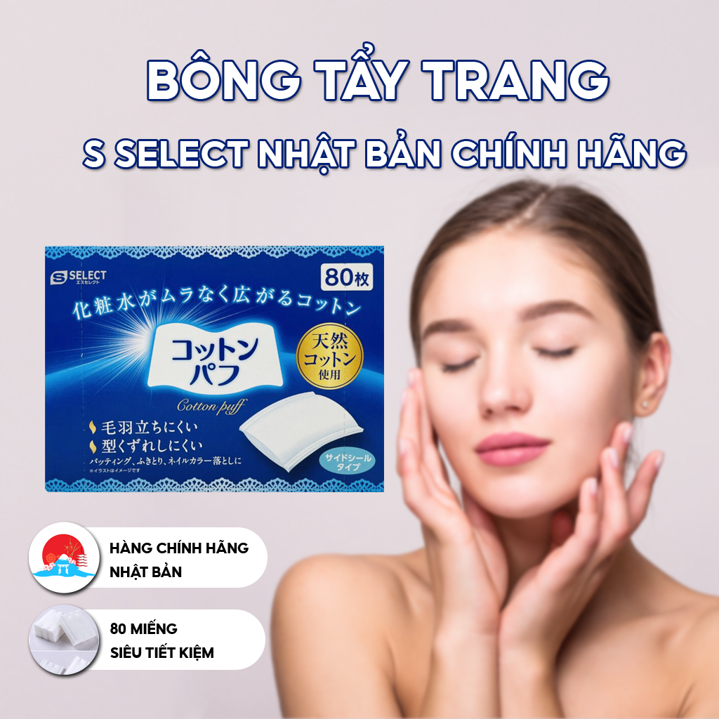 Quà tặng bông tẩy trang Nhật Bản S Select 100% cotton 80 miếng chính hãng