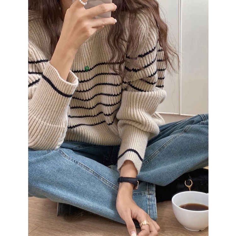 Áo len nữ kẻ ngang, áo len hàn quốc cổ tròn