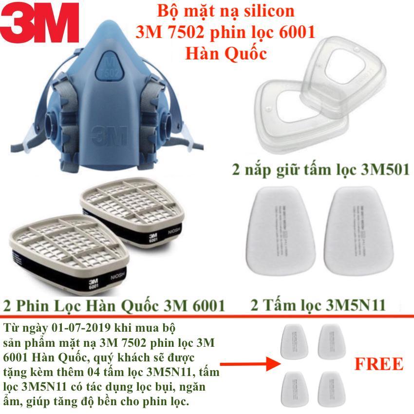Bộ Mặt Nạ Lọc 3M 7502 đầy đủ chi tiết tác dụng Bảo Hộ Phòng Độc Chống Virus, Chống Bụi Siêu Mịn PM2.5, Chống Khói, Lọc Bụi Công Nghiệp Hoá Chất Bộ bao Gồm 1 mặt nạ 3M 7502, 2 phin lọc 3M 6001 Hàn Quốc, 2 ốp nhựa 501, 2 Tấm lọc 5N11.