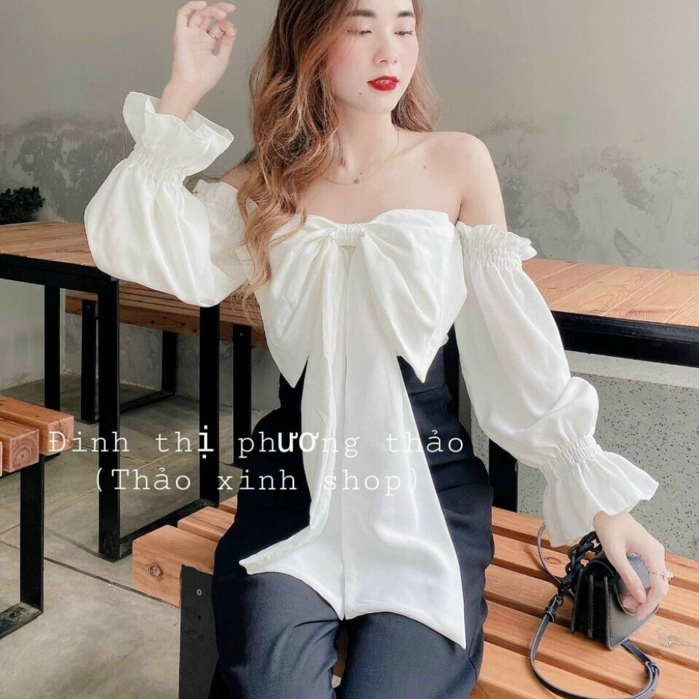 ÁO KIỂU TRỄ VAI NƠ DÀI FORM DƯỚI 45KG,ÁO KIỂU NỮ CROPTOP,ÁO KIỂU NỮ VẢI KATE NHÚNG PHÍA SAU HỞ LƯNG(u)