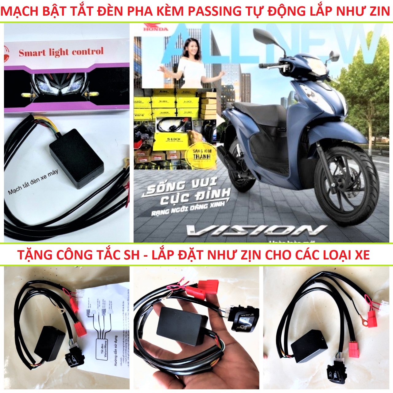 Mạch tắt đèn xe máy đời mới wave , vison và các dòng xe khác sẵn giắc cắm như zin, mạch passing tắt đèn pha xe máy lắp như zin loại xịn , đồ kiểu độ xe máy