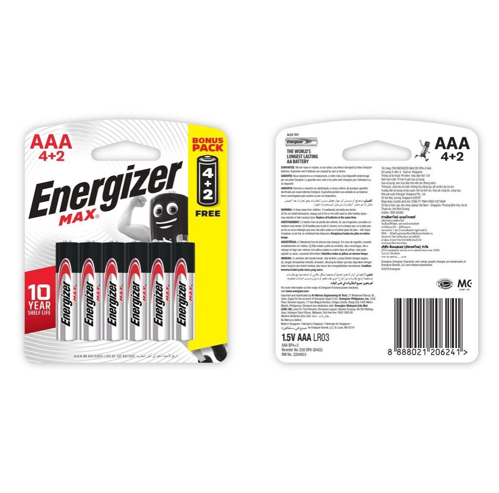 Vĩ 4+2 Viên Pin Energizer Max AAA E92 BP4+2 - 100628298
