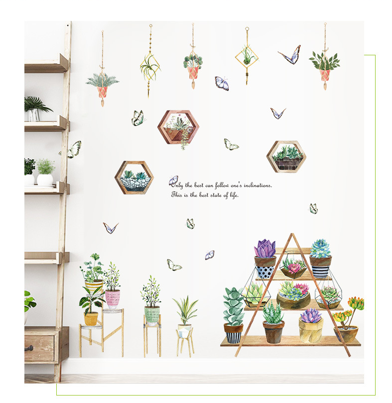 Decal dán tường trang trí - KỆ HOA SEN ĐÁ VÀ CHẬU CÂY TREO TƯỜNG TAO NHÃ