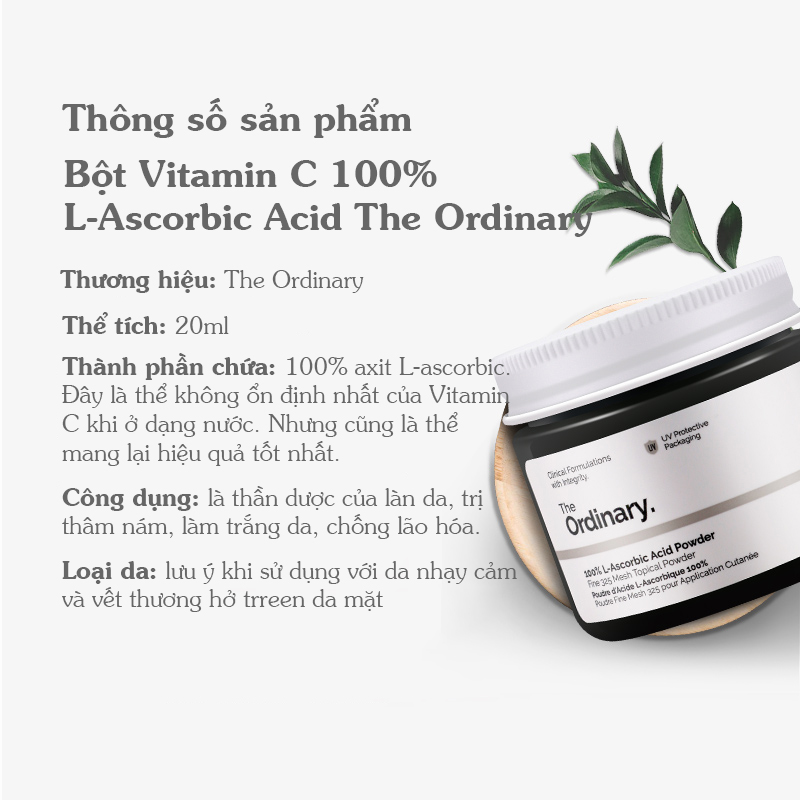 The Ordinary Chính Hãng - Bột Vitamin C sáng da, mờ thâm The Ordinary 100% L Ascorbic Acid Powder 20g