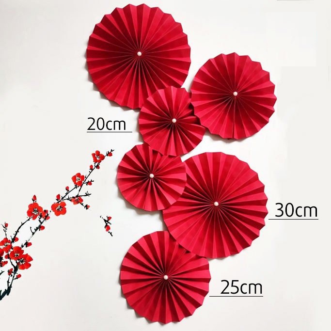 Set 6 Quạt giấy đỏ trang trí tết đã gấp sẵn - Set 6 quạt giấy đỏ trang trí Tết, Trung Thu dán tường xinh xắn, Quạt giấy xếp đỏ decor nhà cửa, phòng cưới, trường