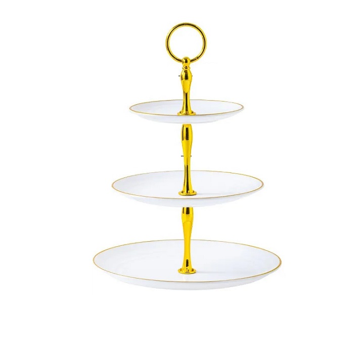 Khay Để  Hoa Quả Bánh Kẹo Nhựa 3 Tầng Tròn Viền Vàng Sang Trọng