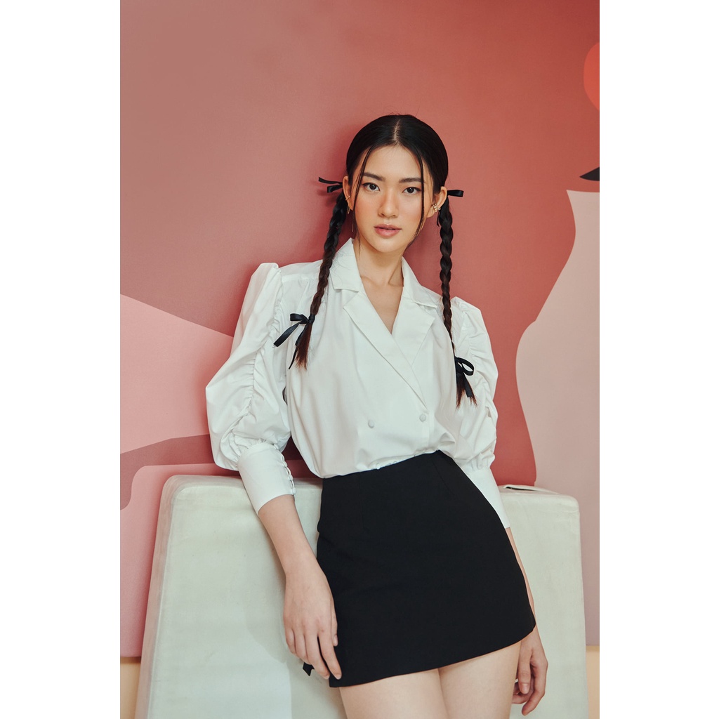 CIGNO-Áo sơ mi trắng cổ danton đắp công sở