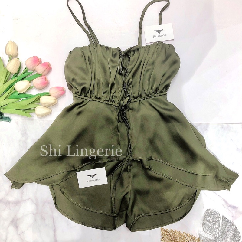 Bộ ngủ lụa cột dây vạt xéo [Shi.Lingerie]
