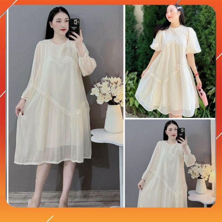 [freeshipmax] Đầm Bầu Váy Bầu Voan Xếp Ly 2 Lớp Dài Tay Thu Đông Dáng Dài Kèm Đai Thắt