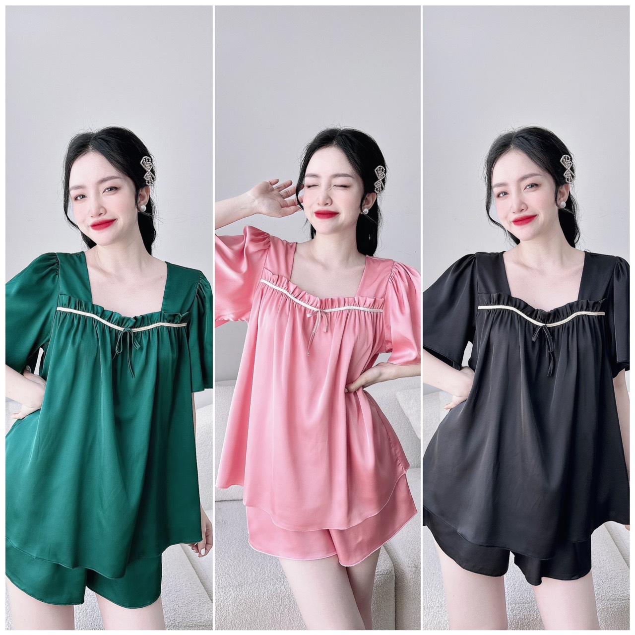 Bộ ngủ lụa bigsize đồ mặc nhà cho nữ 50-100kg mềm mát cổ vuông chất lụa latin đồ măc hè