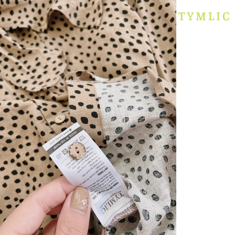 Áo Sơ Mi Tay Dài Chấm Bi Cổ Nơ Linen TYMLIC