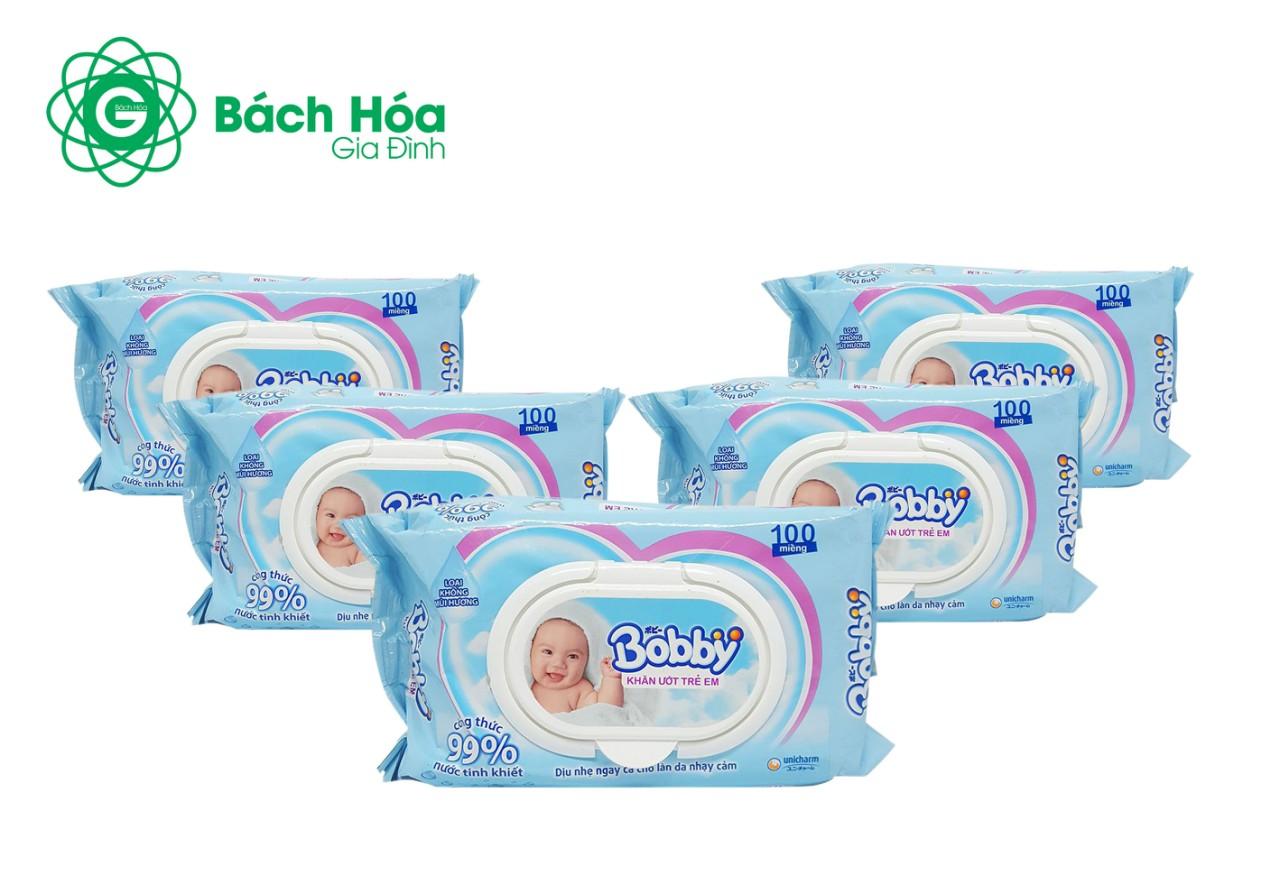 Combo 5 Gói Khăn Ướt Bobby 100 tờ Không Mùi