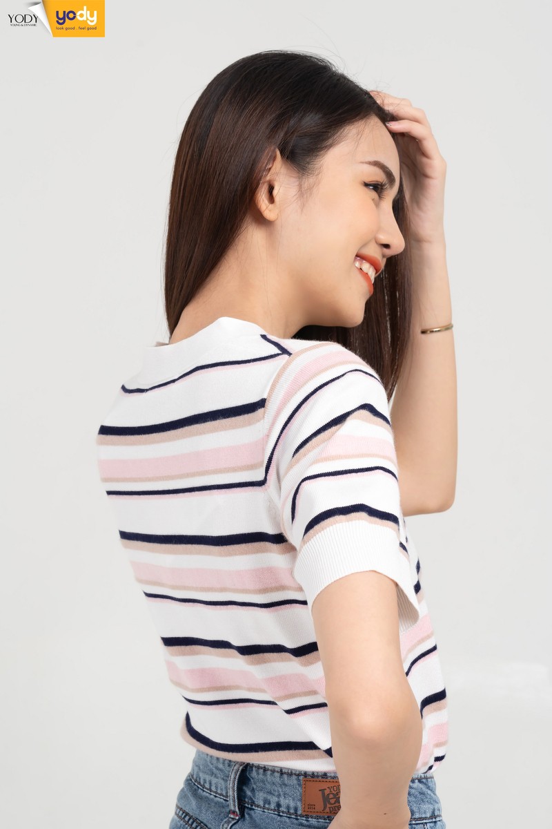 Áo Len Kẻ Cộc Tay Cúc Nẹp YODY