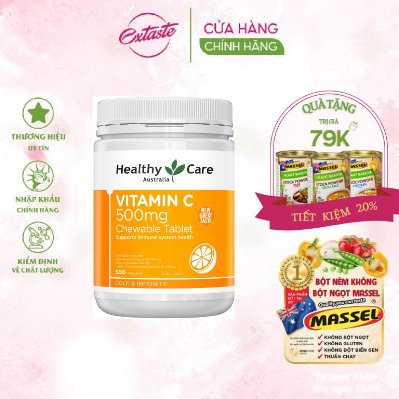 Viên Nhai Healthy Care Vitamin C 500mg Bổ sung vitamin và khoáng chất Tăng