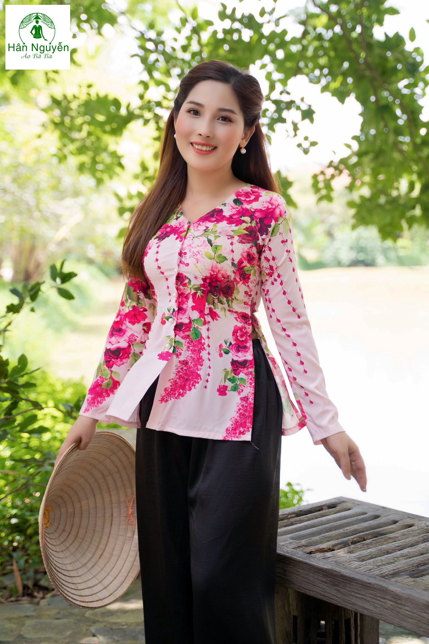 B.A48 - Áo Bà Ba Lụa In Bông Tím (áo lẻ)