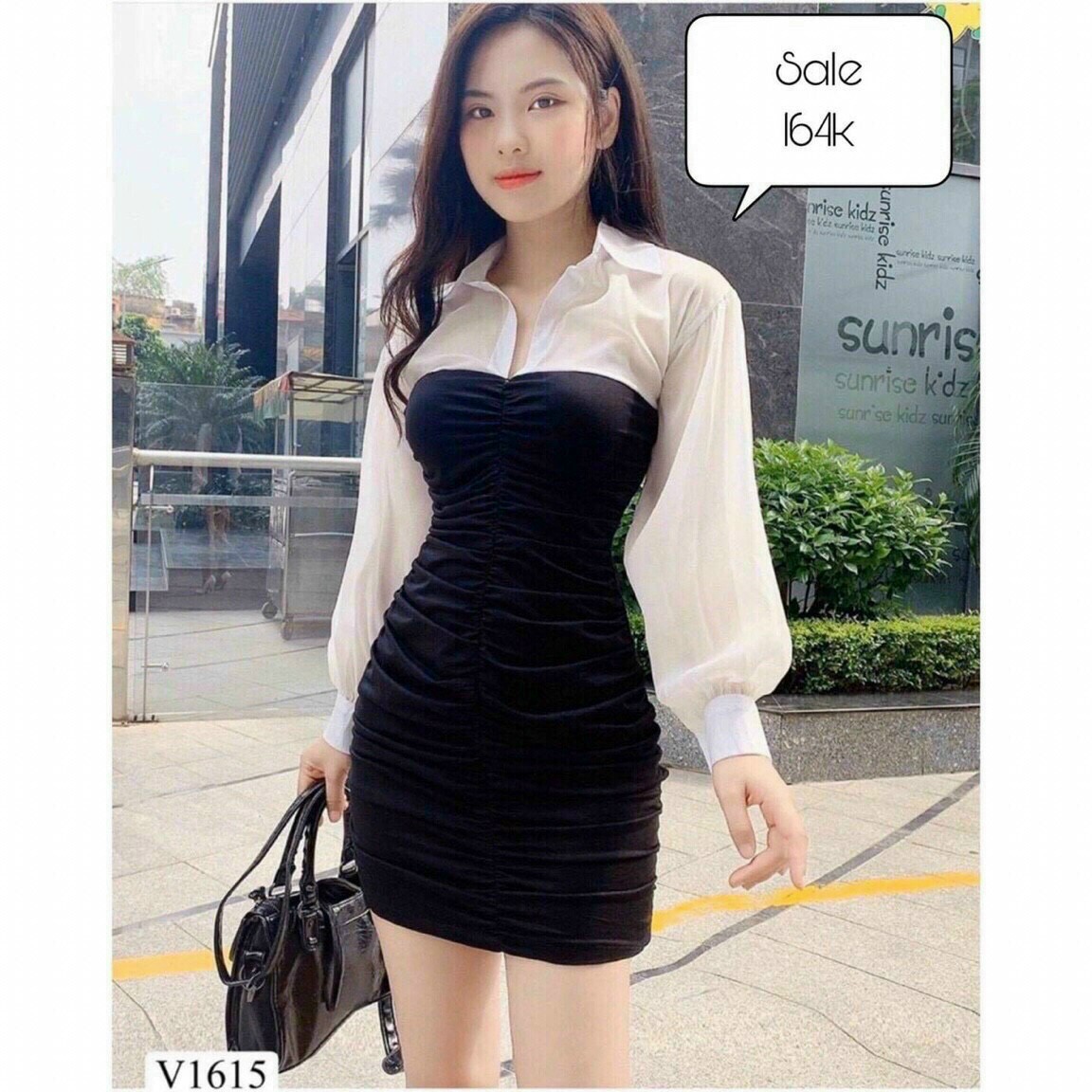 Đầm body cổ sơ mi phối voan xinh xắn