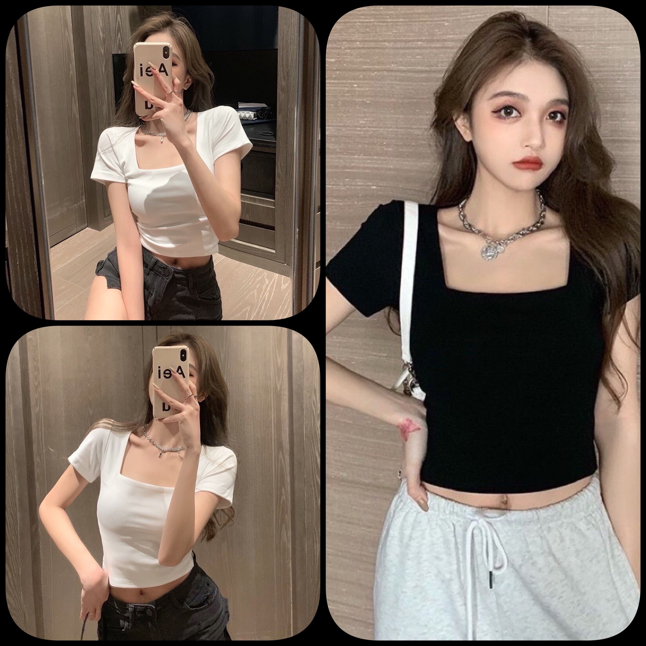 Áo thun croptop cổ vuông tay ngắn basic