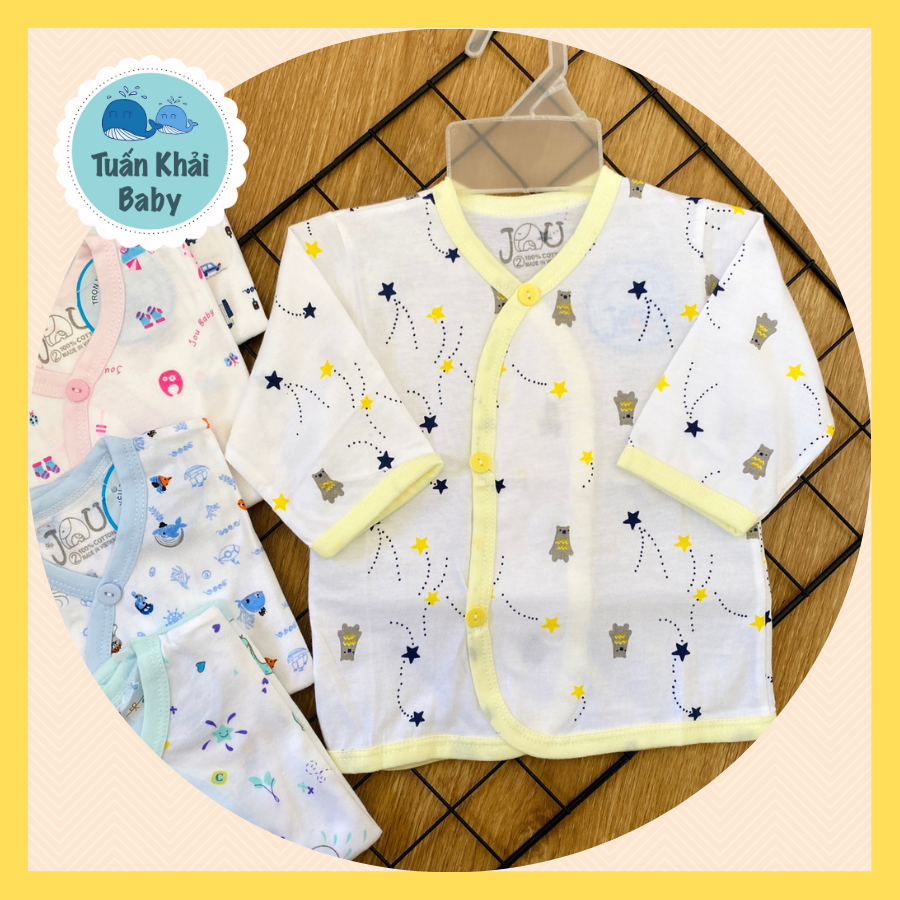 Túi 3 Áo sơ sinh Cao cấp JOU - Mẫu Áo Tay Dài cài nút Xéo Họa Tiết - Size 1,2,3 cho bé sơ sinh-9kg