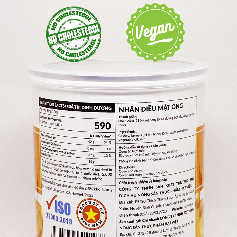 Vietnuts - Hạt điều mật ong hộp 200g - chất lượng xuất khẩu - Quà tặng hạt dinh dưỡng cao cấp - 0% cholesterol