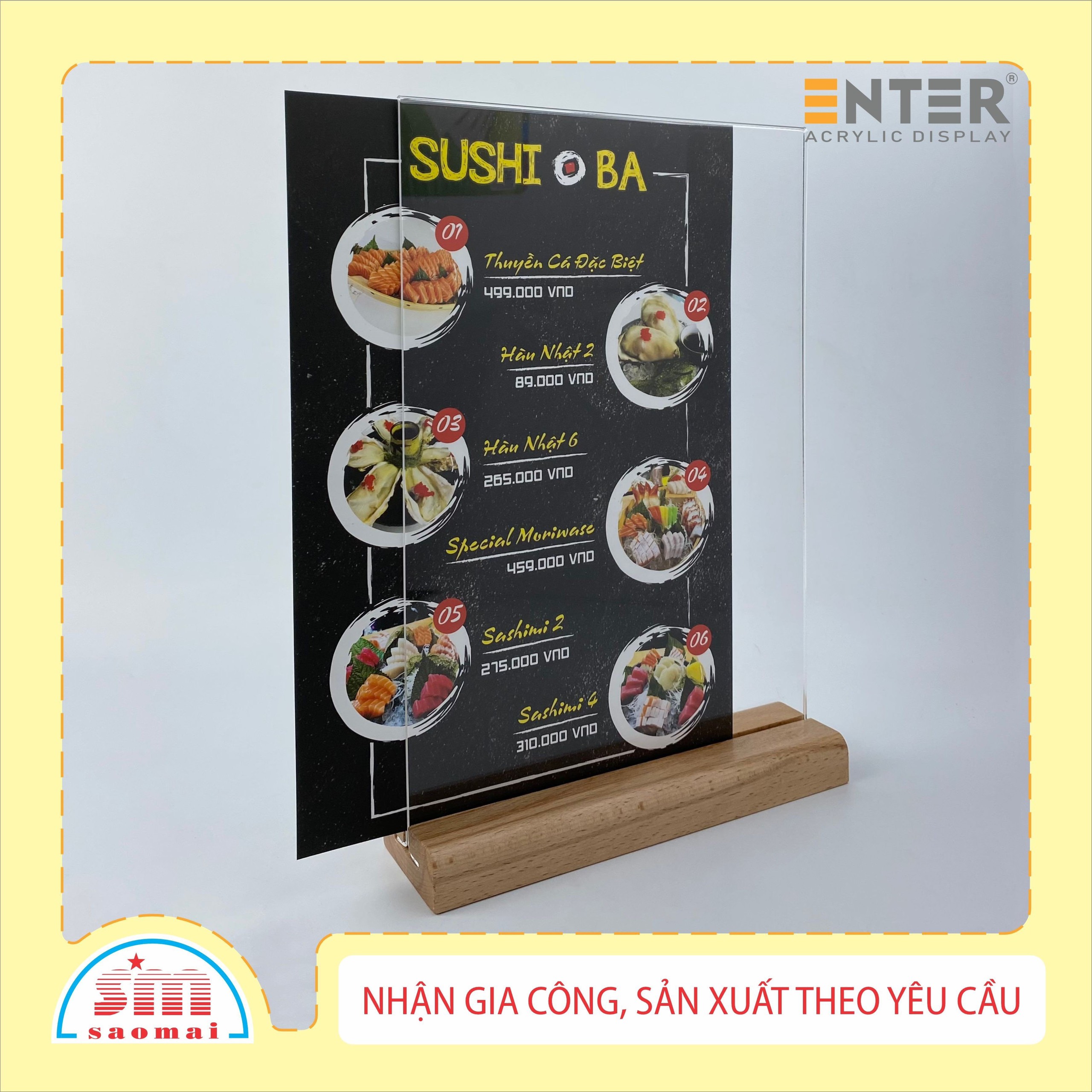 Kệ mica 2 mặt Enter E42 150x210mm đế gỗ A5 đứng, Kệ menu nhà hàng, Standee mica để bàn, Bảng quét mã QR Code
