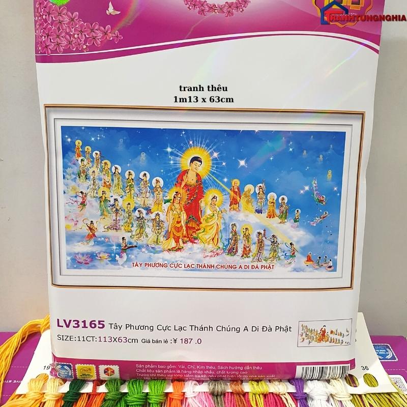 Tranh đính đá LV206 (1m36 x 75cm), tranh thêu chữ thập tây phương cực lạc thánh chúng a di đà phật LV3165 (1m13 x 63cm)