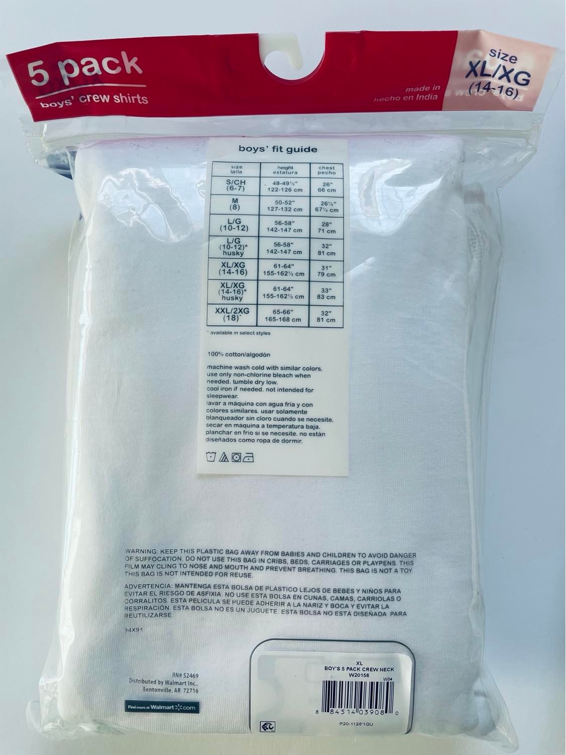 Áo thun Trắng WN Size XL (14-16) (cao 155-163 cm) - Pack 5 cái - Hàng Mỹ
